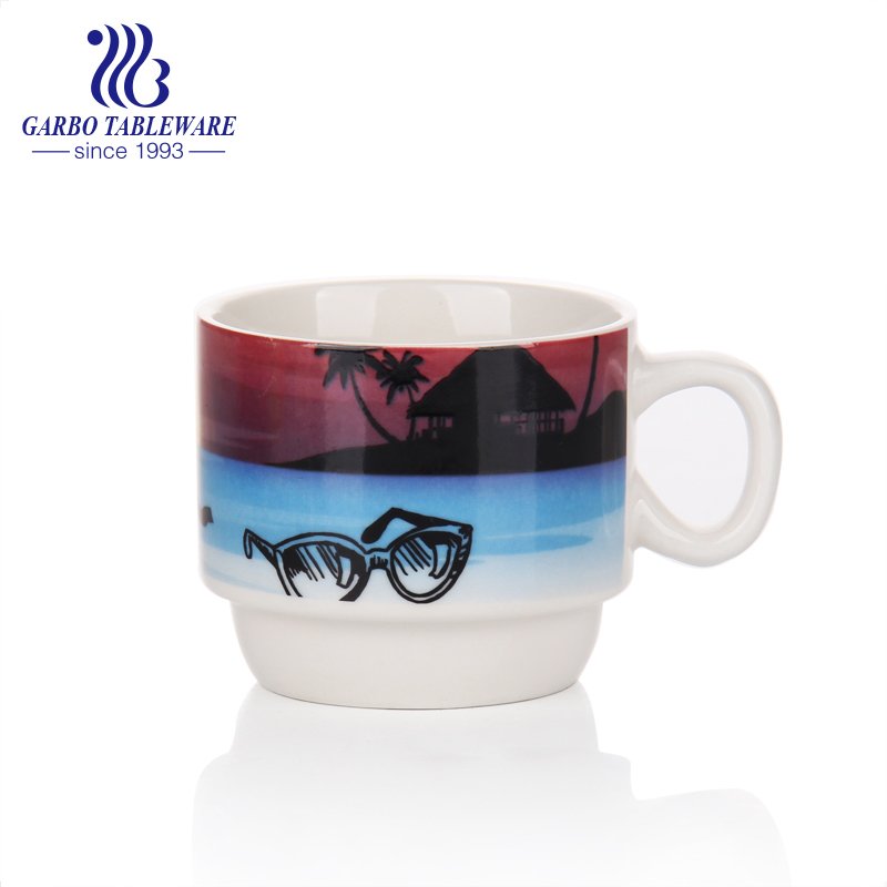 Double side color glaze ceramic porcelain coffee mug with print design China supplier wholesale ceramic mugs.