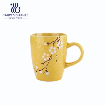 Flower printed design with color glaze yellow ceramic water mug 240ml stoneware cappuccino mugs Mocca Cafe cup for office.