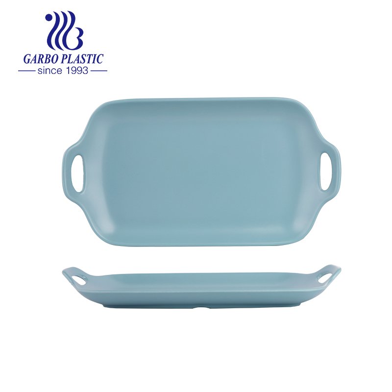 new design round shape strong plastic blue serving plates with simple handle can be used with snack, salad, fruit or meat both for indoor and outdoor