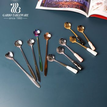 Golden plating stainless steel ice cream yogurt spoon in flower shape with ceramic handle