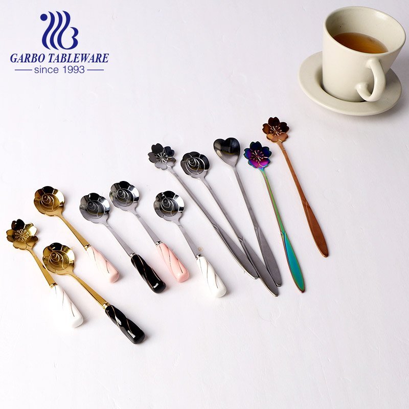 Middle East style 410 stainless steel tea spoon with ceramic handle and flower shape
