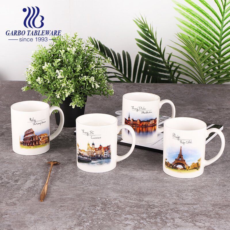 Porcelain color glazed wheat straw deisgn water mug with big C shape handle ceramic drinking mugs high end quality for hotel