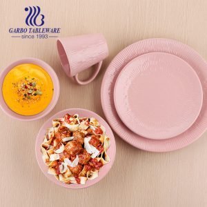 Factory cheap fine dinnerware sets pink color embossed 20pcs ceramic tableware set