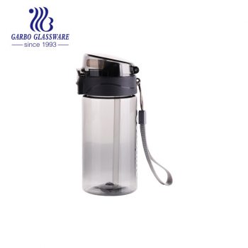 430ml smoky gray food-safe portable plastic water bottle with silicone straw