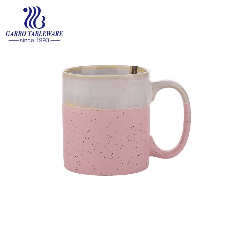 Engraved pink color porcelain water drinking mug ceramic cups with special handle for promotion gift