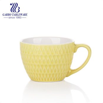 Engraved color glazed ceramic big mouth mug for breakfast oatmeal drinking mugs 2pcs yellow mug set  for couple design porcelain cup daily use good quality cups