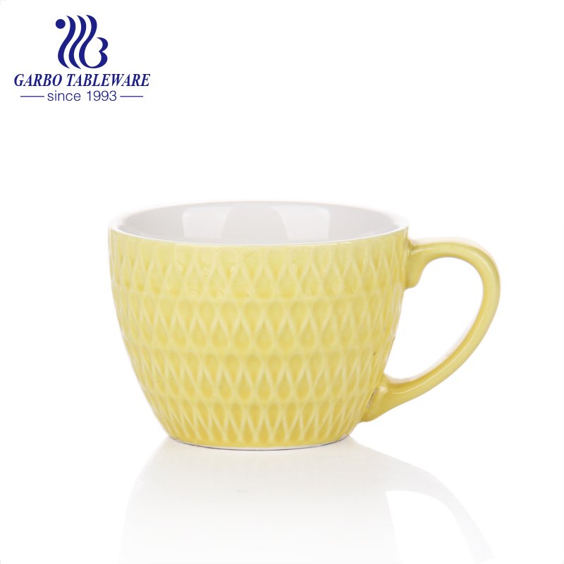 Porcelain color glazed wheat straw deisgn water mug with big C shape handle ceramic drinking mugs high end quality for hotel