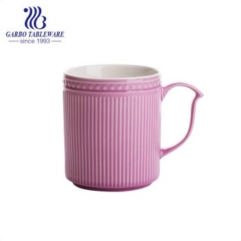 Engraved pink color porcelain water drinking mug ceramic cups with special handle for promotion gift