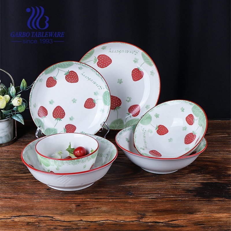 Multifunctional ceramic tableware fancy under glazed strawberry decal fine porcelain dinnerware sets
