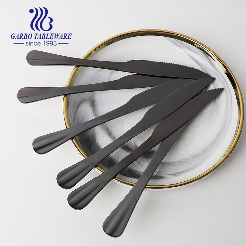 الغذاء الصف 9 بوصة 410ss أدوات المائدة مرآة البولندية مطلي بالكهرباء اللون الأسود 230mm طول سكين عشاء من الفولاذ المقاوم للصدأ