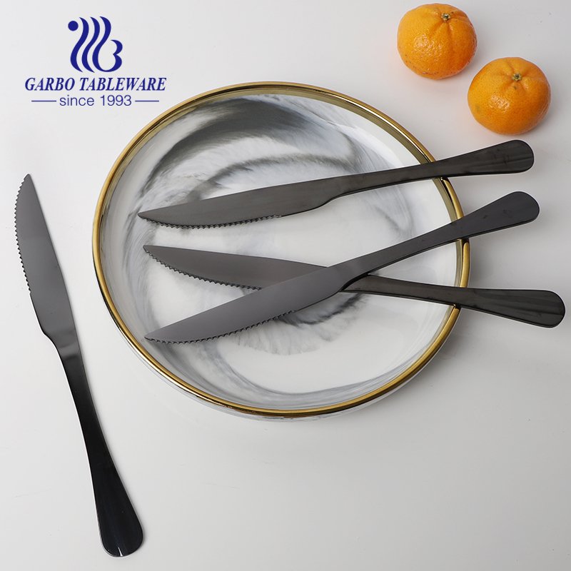 faca de jantar de aço inoxidável de 9 mm de comprimento, polimento para espelho de talheres de 410 "230ss de grau alimentício, polimento preto galvanizado
