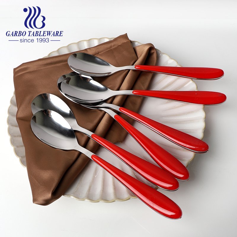 410 grade stainless steel flatware dinner dessert spoon with red color PS plastic handle