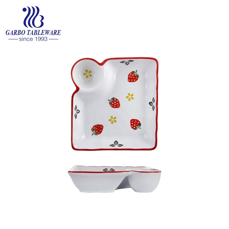 Wholesale unique custom hand painted strawberry design deep 9inch square porcelain serving dish