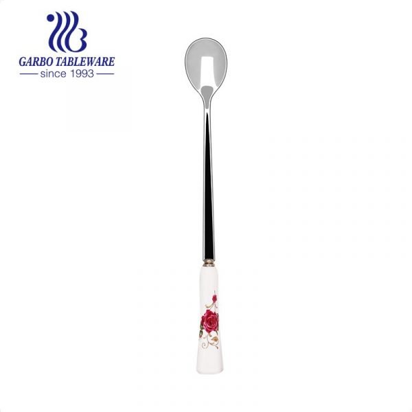 Wholesale 410SS long ceramic handle mirror polish stainless steel ice tea spoon