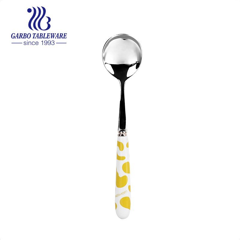 6/12 pcs set yellow color ceramic handle design stainless steel dinner spoon in round shape