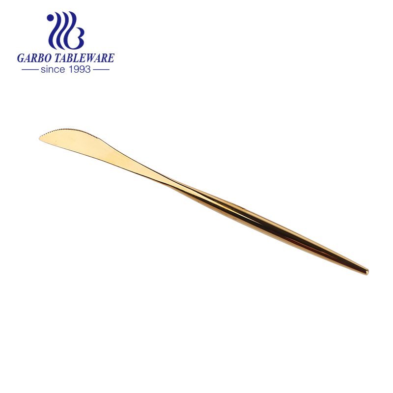 سكاكين عشاء ذهبية اللون من الفولاذ المقاوم للصدأ ذات تصميم حديث ، سكاكين ملونة مطلية بالألوان ، آمنة للغسل في غسالة الأطباق