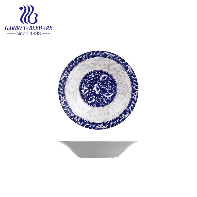 Wholesale unique blue under glazed decal food grade stoneware dish 8inch flat ceramic dessert plate