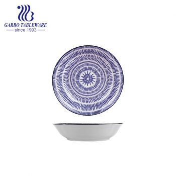 Wholesale unique blue under glazed decal food grade stoneware dish 8inch flat ceramic dessert plate