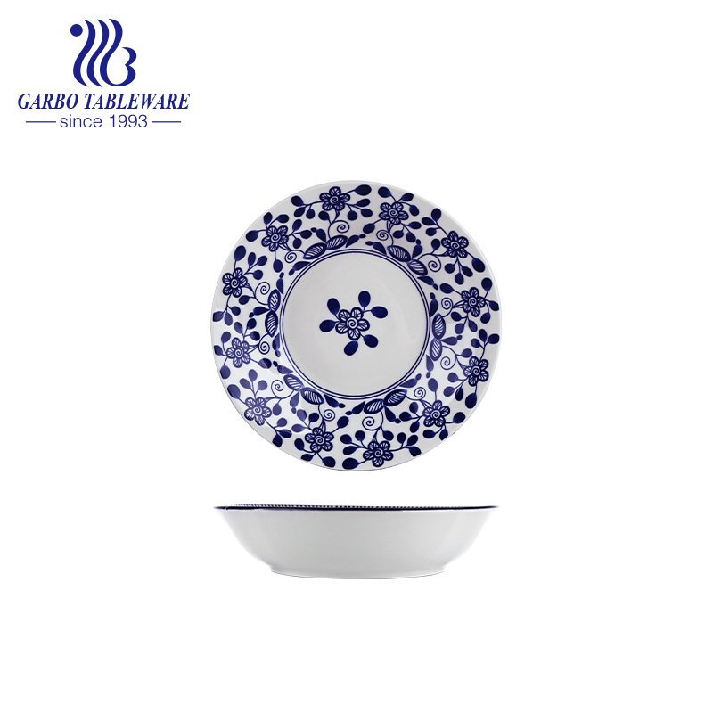 Wholesale unique blue under glazed decal food grade stoneware dish 8inch flat ceramic dessert plate