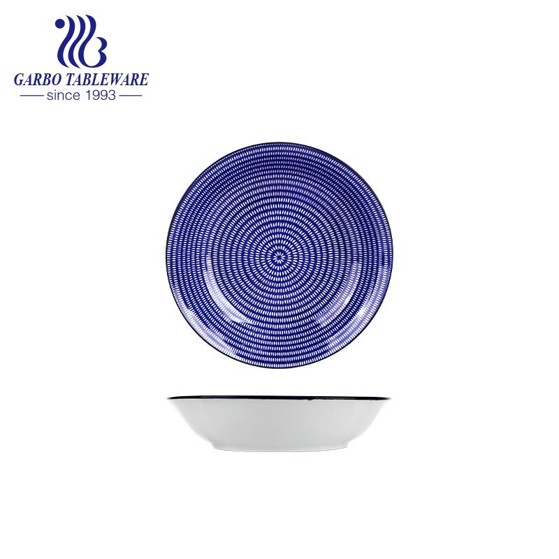 Wholesale unique blue under glazed decal food grade stoneware dish 8inch flat ceramic dessert plate