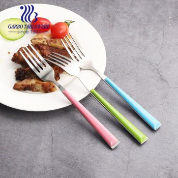Wholesale 8 inches cheap dinner forks with pink color clamp plastic handle