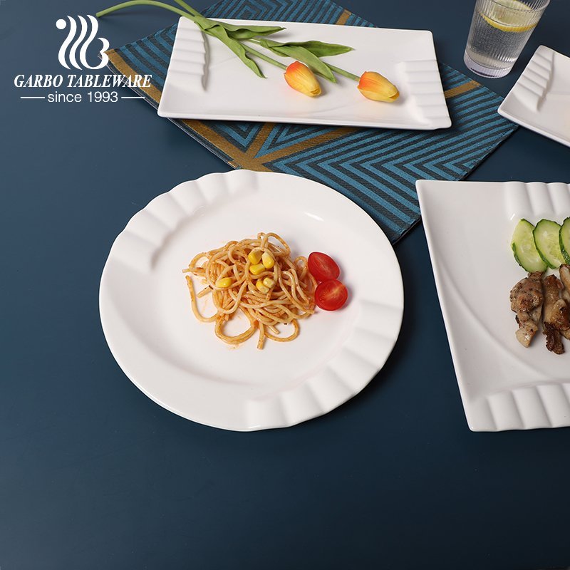 Wholesale rectangler and round shape unique embossed flat 10inch porcelain dinner plate