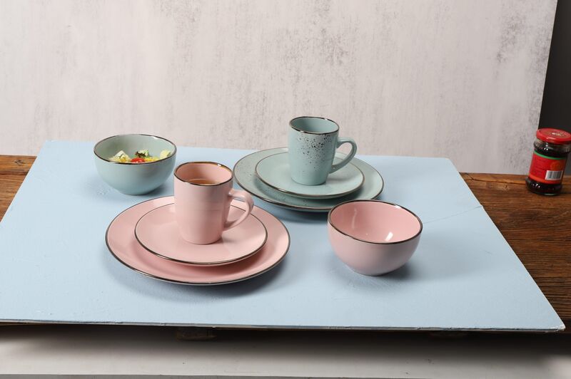 16pcs pink color glazed stoneware dinnerware plate bowl mug set with golden rim