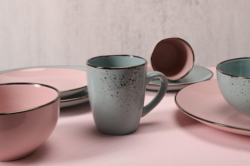 16pcs pink color glazed stoneware dinnerware plate bowl mug set with golden rim
