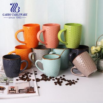 Outer embossed ceramic drinking mug colorful porcelain cups stoneware mug set bulk pack dark grey coffee drink ware sets