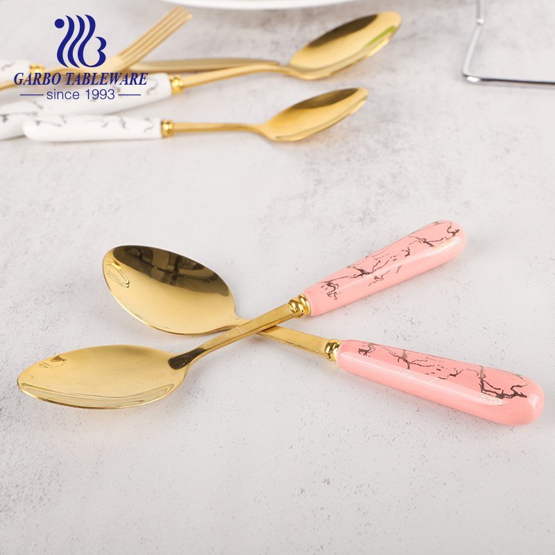24pcs Luxury ceramic marble handle design 410 stainless steel cutlery dinner spoon in gold