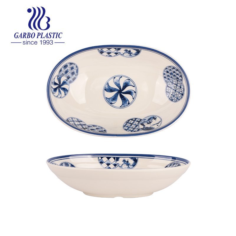 Hot sales strong new plastic oval plates for table serving with blue flower designs can be microwave and dishwasher safe