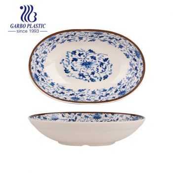 Ventes chaudes de nouvelles assiettes ovales en plastique solides pour le service de table avec des motifs de fleurs bleues peuvent aller au micro-ondes et au lave-vaisselle
