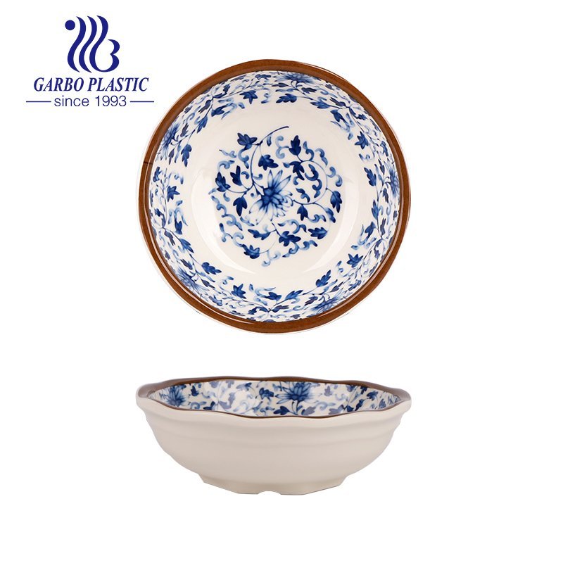 BPA free Decorative White and Blue Floral Round Shape Strong Plastic Soup Plates with width Edge