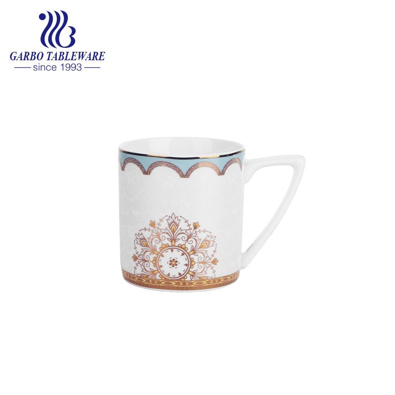 Dark blue gold decal print imprint porcelain water drinking mug ceramic mugs  office tea cups with golden handle and cover