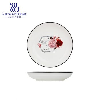 Plaque d'impression de décalque de fleur émaillée sur mesure unique 7 pouces plat à dessert en porcelaine ronde