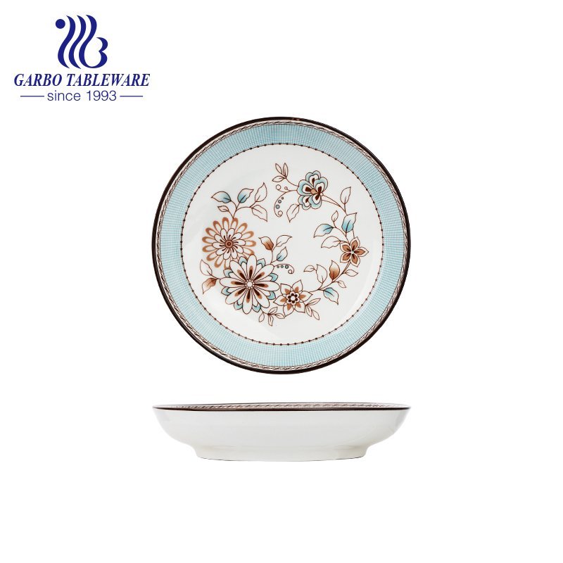 Unique custom under glazed flower decal printing plate 7inch round porcelain dessert dish