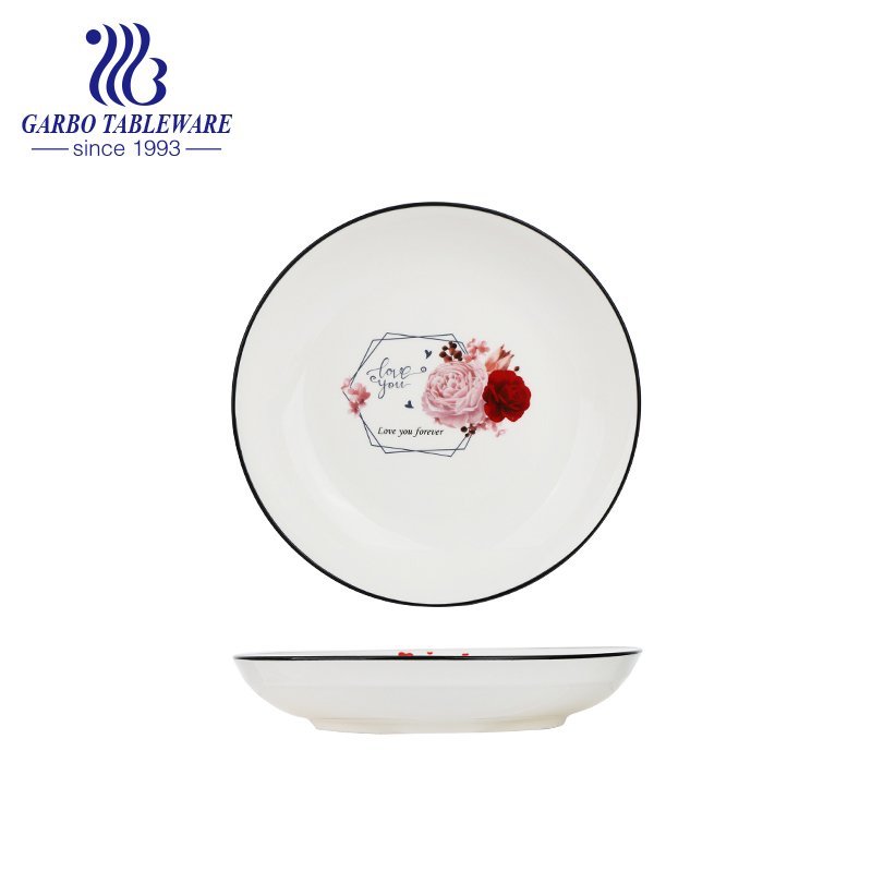 Unique custom under glazed flower decal printing plate 7inch round porcelain dessert dish