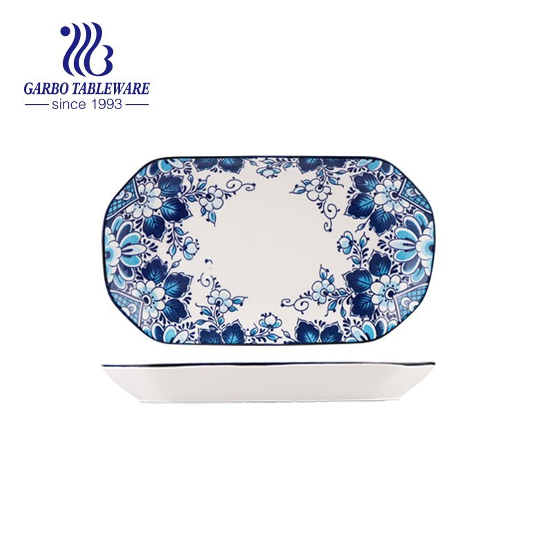 Wholesale fancy unique under glazed printing 10.7inch rectangle porcelain dinner plate