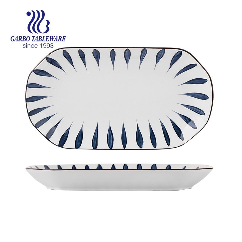 Wholesale fancy unique under glazed printing 10.7inch rectangle porcelain dinner plate