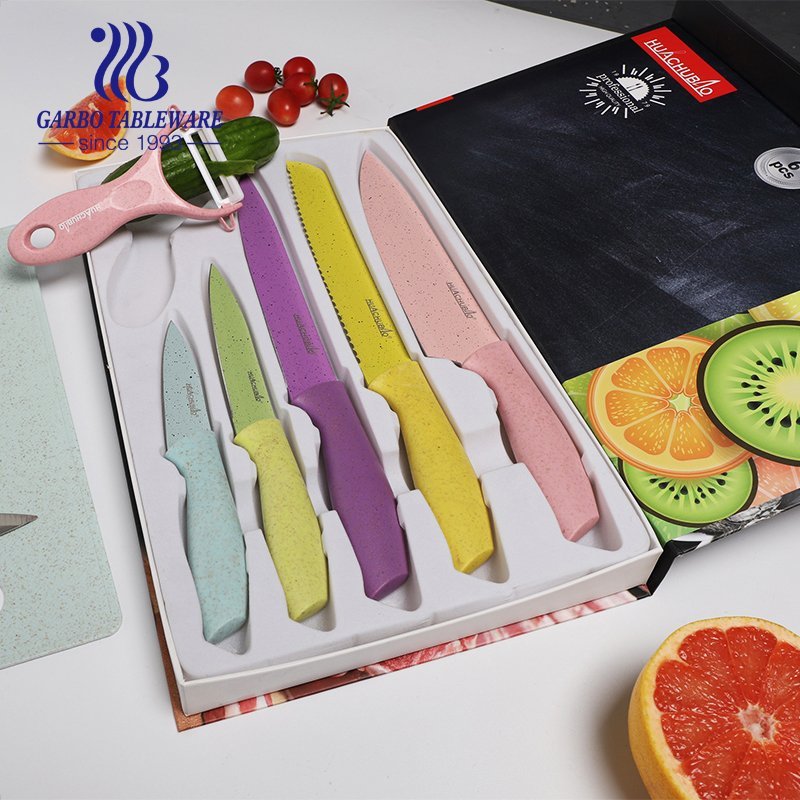 Gift Box Packing High End Quality Wheat Straw Material 6pcs Customized Color Kitchen Knife Set