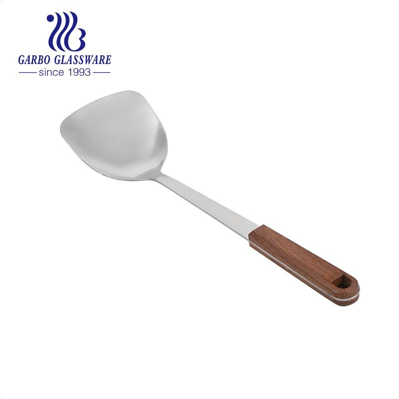 Colher com fenda para skimmer 201 Colher com fenda de aço inoxidável, peneira para alimentos em aço inoxidável com suporte de bambu