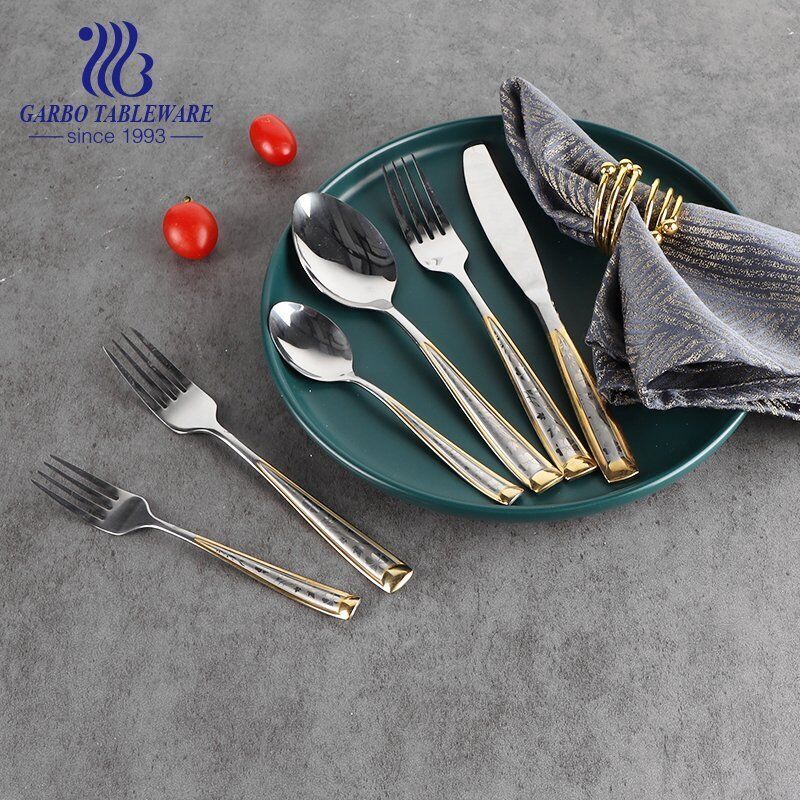 Mirror polished stainless steel fork with golden decor and pattern custom