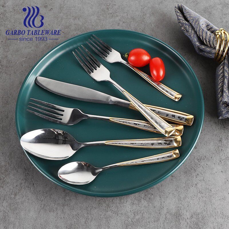 Mirror polished stainless steel fork with golden decor and pattern custom