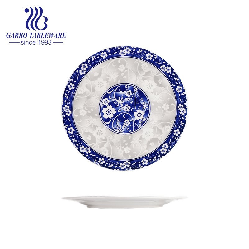 China classic under glazed decal food grade stoneware dish 9inch ceramic flat dinner plate