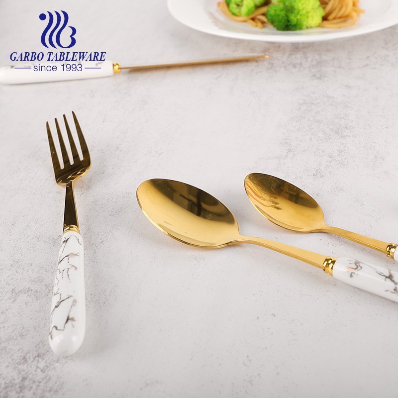Noble design of stainless steel fork with black marble ceramic handle for wedding dinner