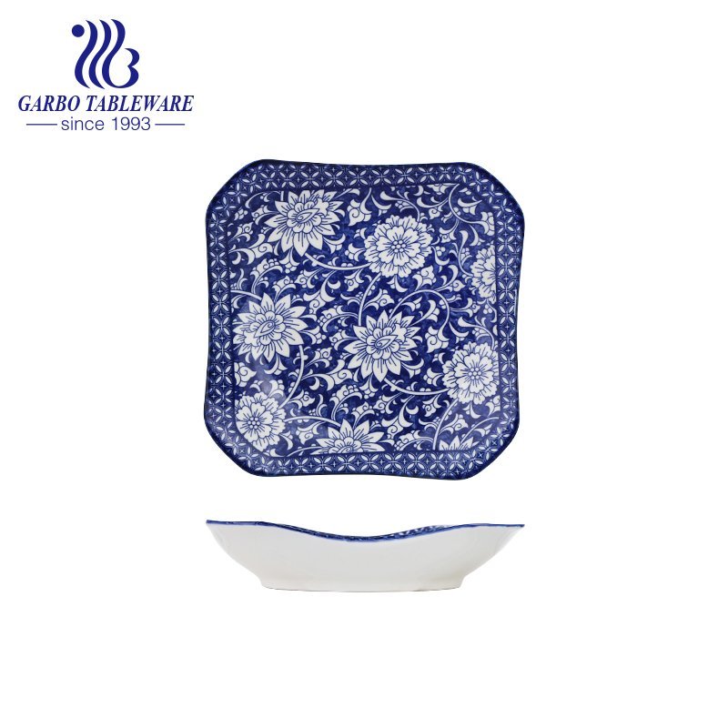 Atacado personalizado sob design vidrado prato de porcelana quadrada de 9.5 polegadas de estilo chinês