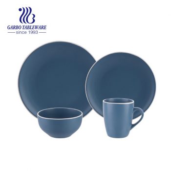 16pcs tasse de bol de vaisselle en grès émaillé bleu foncé avec rebord blanc