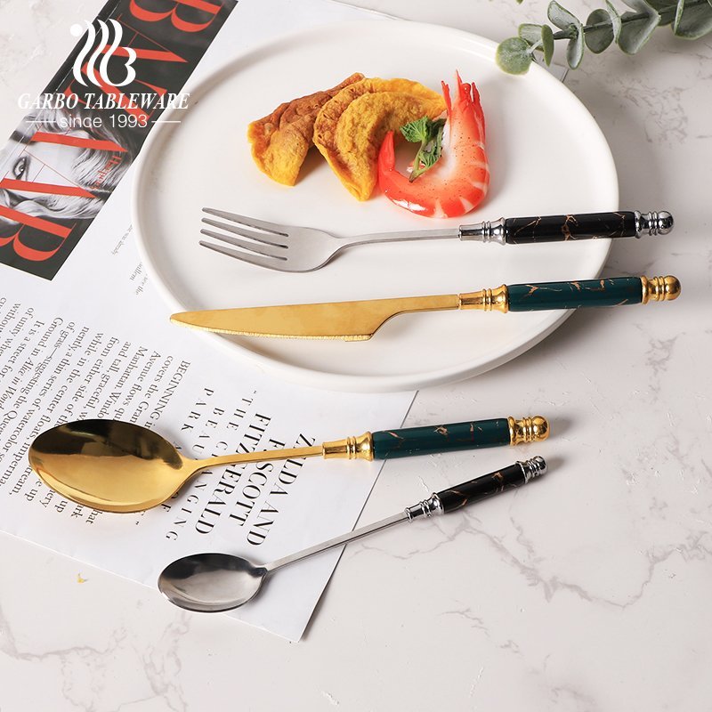 Arabic ceramic cutlery set low prices China factories made gold flatware set ceramic spoons knifes 