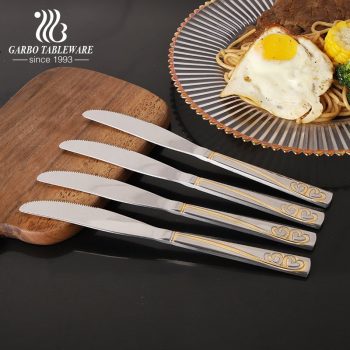 Egipto popular cuchillo de cena de acero inoxidable de 9 pulgadas 18/2 con mango chapado en oro