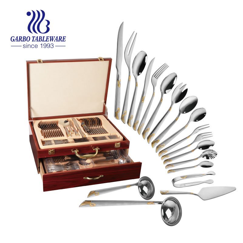 مجموعة أدوات المائدة الذهبية 86 قطعة ساخنة في مصر مجموعة أدوات مائدة رخيصة من الفولاذ المقاوم للصدأ مع علبة خشبية